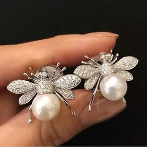 Sparkling Silver and White Pearl Bee Earrings